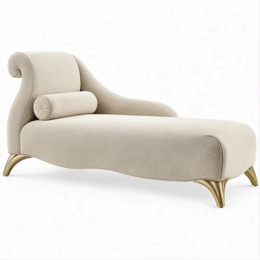 Chaise Longue Curva Creme com Pés Dourados, 170 x 75 x 85 cm