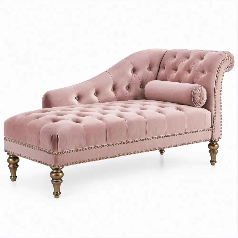 Chaise Longue Chesterfield Curva em Veludo Rosa, 170 x 75 x 90 cm
