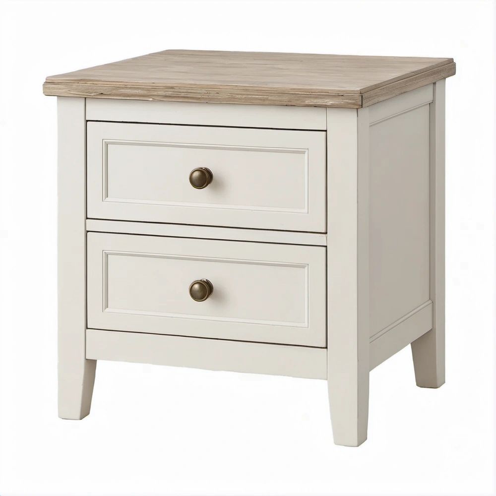 Mesa de Cabeceira em MDF Branca e Bege com 2 Gavetas, 50 x 40 x 60 cm