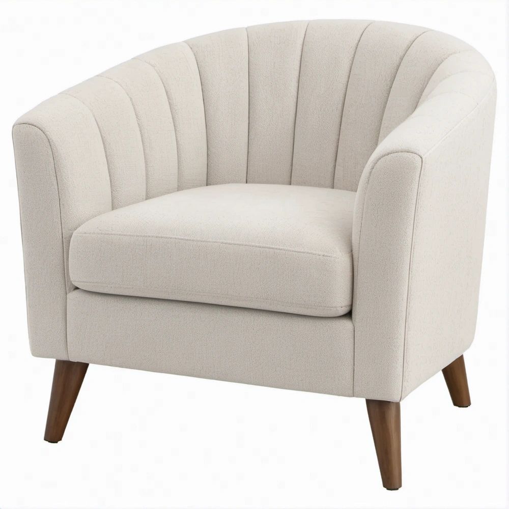 Poltrona Estofada em Bouclé Bege com Pés de Madeira Castanha, 76 x 74 x 78 cm