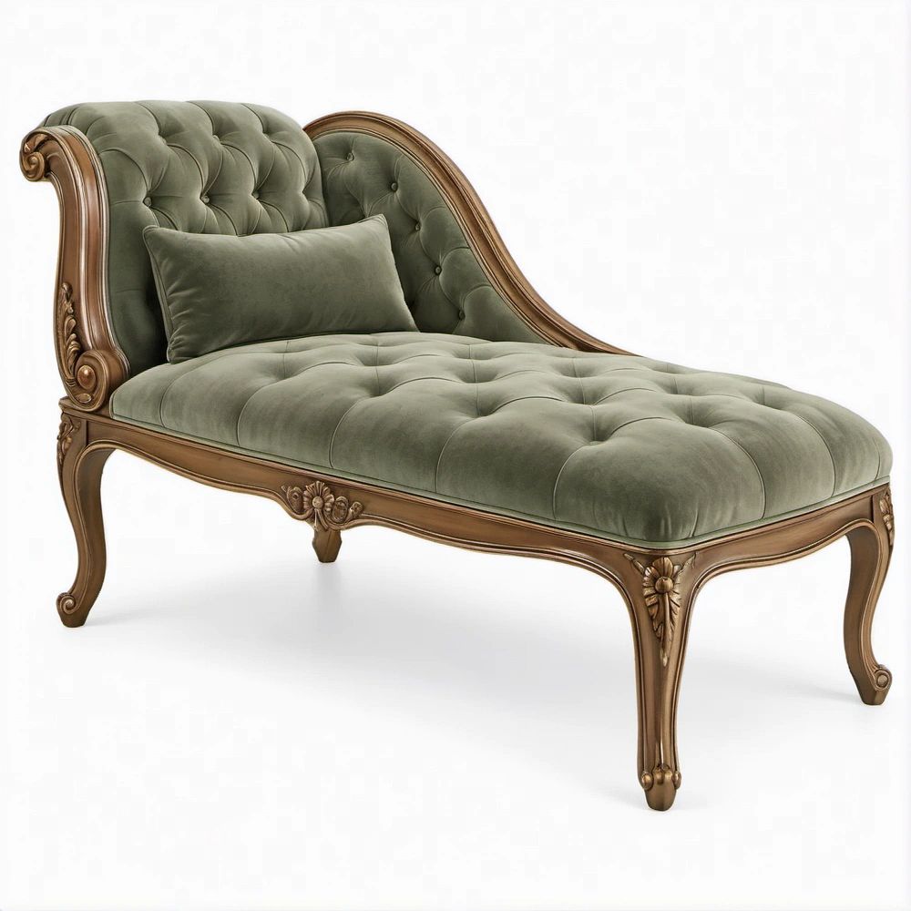 Chaise Longue Curva em Veludo Verde com Estrutura em Madeira Maciça, 170 x 75 x 90 cm