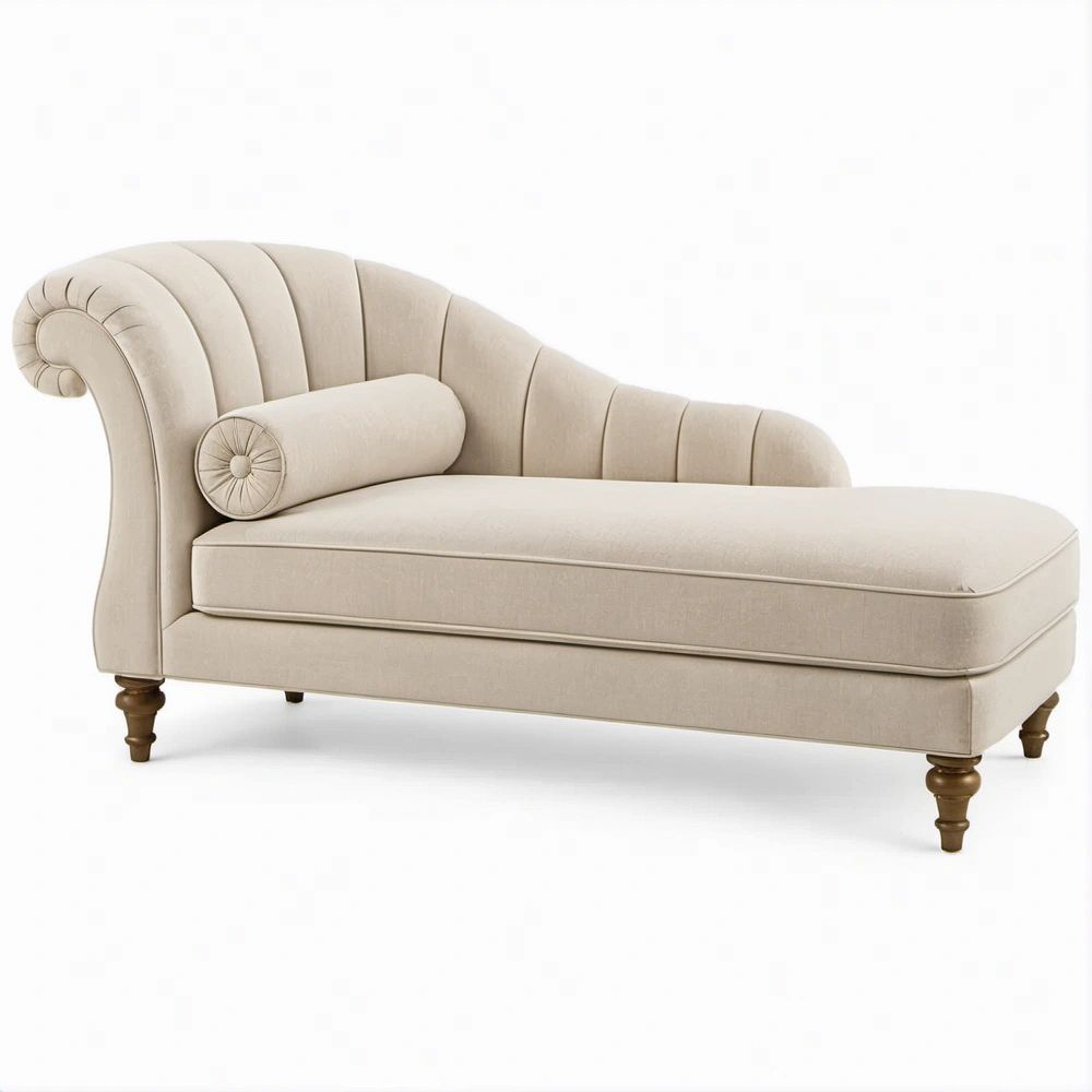 Chaise Longue Curva Estofada Bege com Pés Castanhos, 170 x 75 x 82 cm