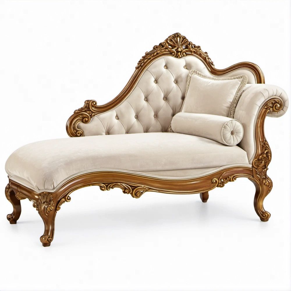 Chaise Longue Clássica Direita Bege e Castanho-Dourado em Veludo 170 x 75 x 105 cm