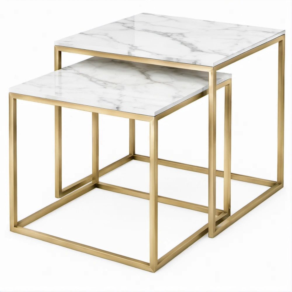 Conjunto de 2 Mesas Encaixáveis Quadradas com Efeito Mármore Branco, Cinzento e Dourado – 50 x 50 x 50 cm e 40 x 40 x 45 cm