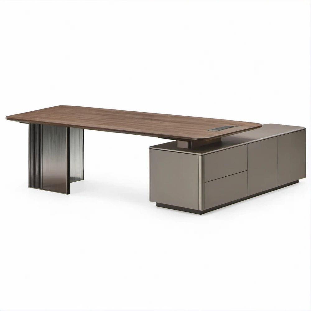Secretária Executiva em Nogueira e Cinzento-Taupe com Móvel Lateral, 220 x 90 x 75 cm