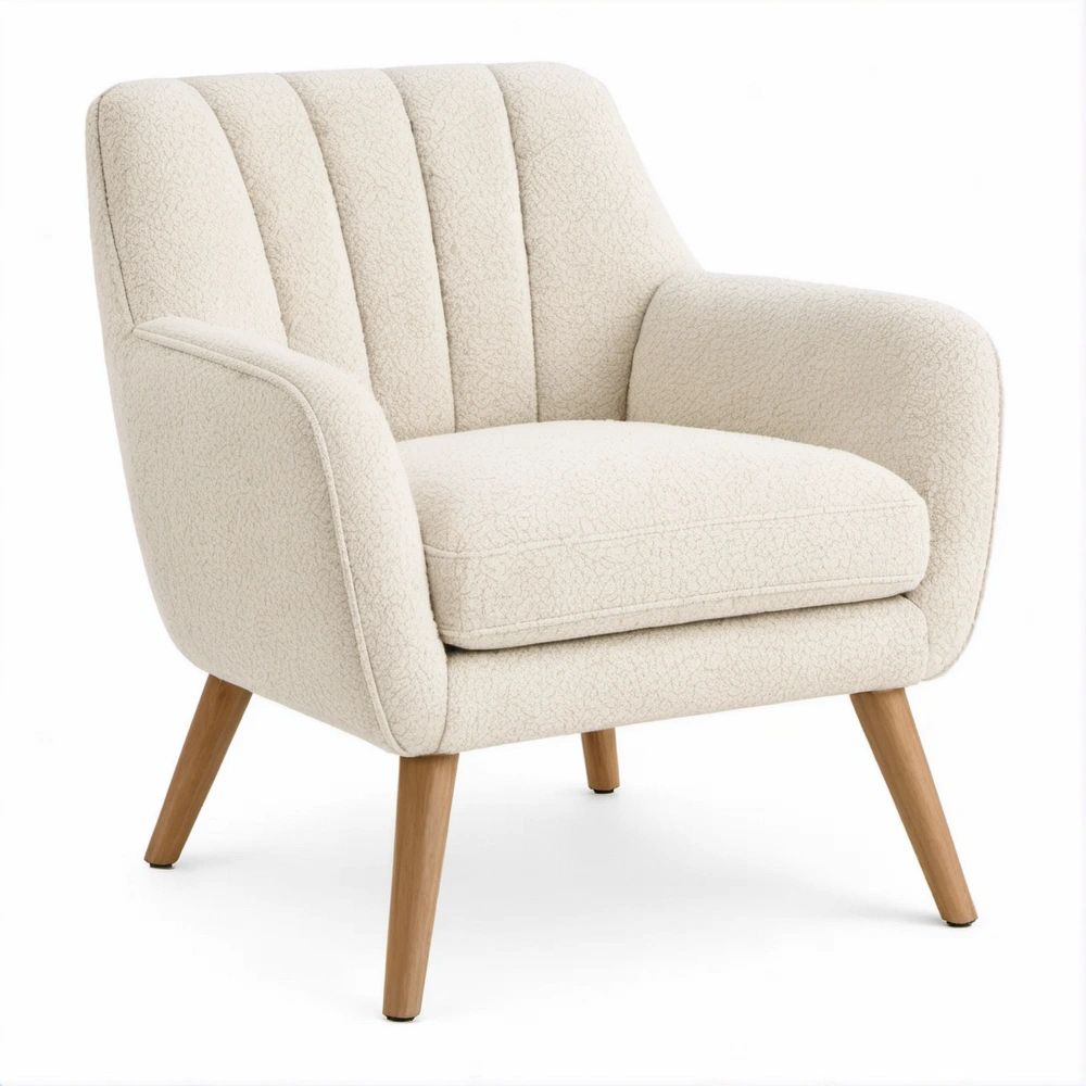Poltrona Lounge em Bouclé Creme com Pernas de Madeira Maciça, 76 x 82 x 90 cm