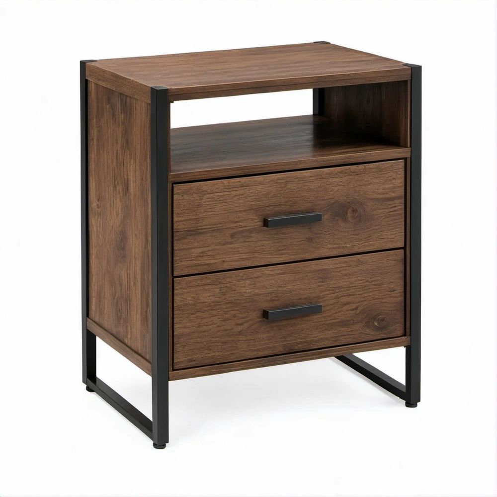 Mesa de Cabeceira Castanho-Escuro e Preto em MDF e Aço, 45 x 40 x 60 cm, com 2 Gavetas