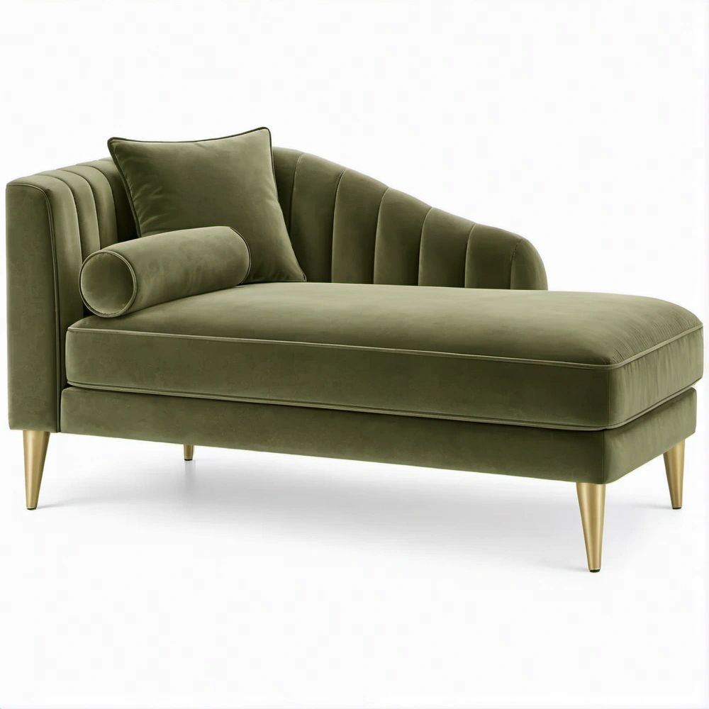 Chaise longue verde-oliva em veludo com pernas douradas 160 x 80 x 82 cm