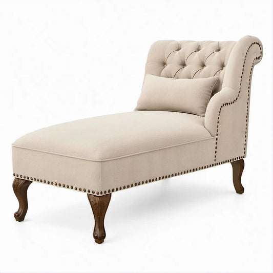 Chaise Longue Direita Bege em Poliéster com Capitonê, 160 x 75 x 90 cm