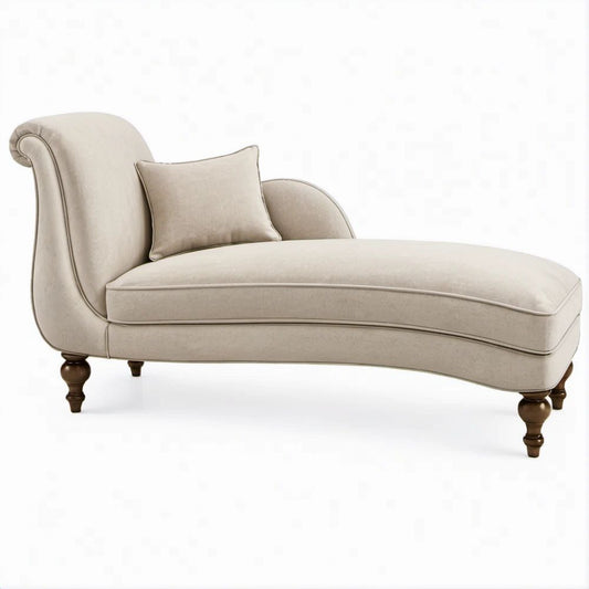 Chaise Longue Curva Bege com Pés Castanho-Escuro e Almofada, 170 x 75 x 85 cm