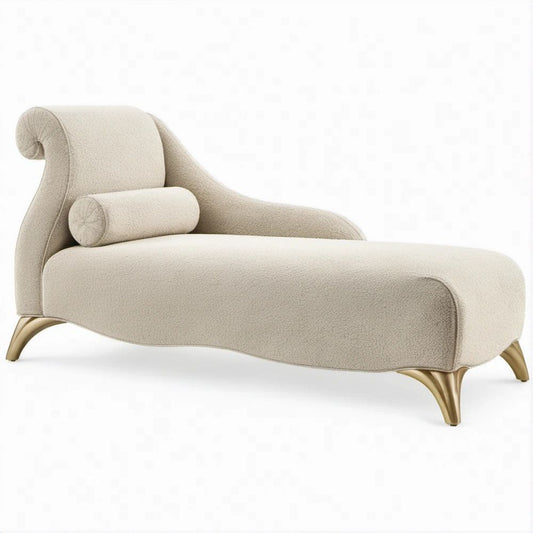 Chaise Longue Curva Creme com Pés Dourados, 170 x 75 x 85 cm