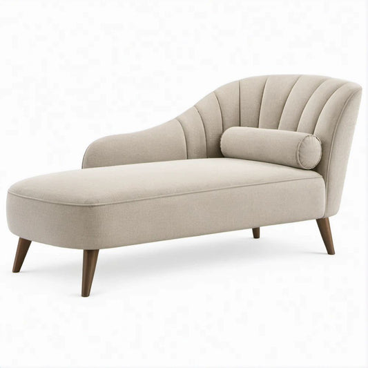 Chaise Longue Curva Bege com Pernas Castanhas em Madeira Maciça, 160 x 75 x 80 cm