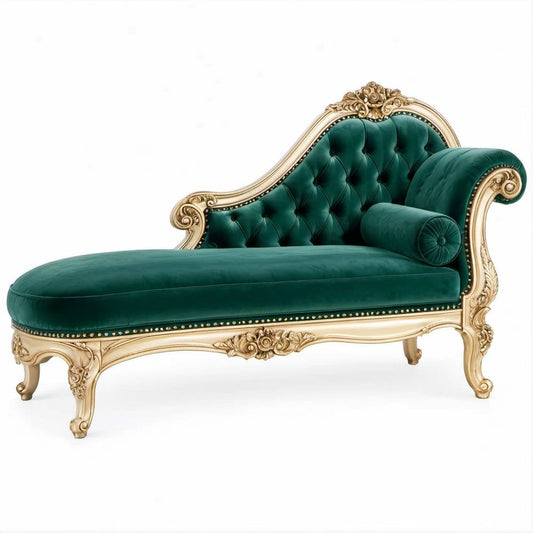 Chaise Longue Assimétrica em Veludo Verde Escuro com Estrutura Dourada, 175 x 75 x 105 cm