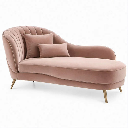 Chaise Longue com Braço Direito em Veludo Rosa Antigo e Pés Dourados 170 x 85 x 78 cm