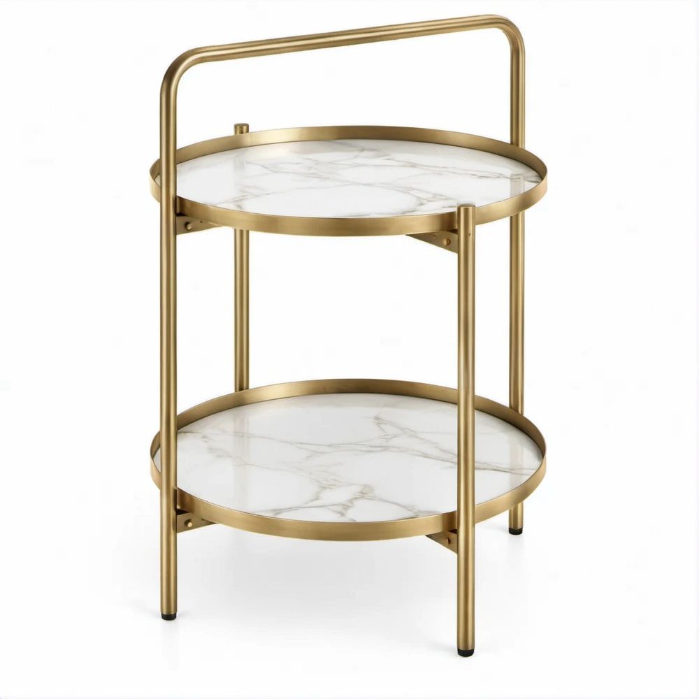 Mesa Auxiliar Redonda Dourada e Branca Marmoreada, 45 x 65 cm