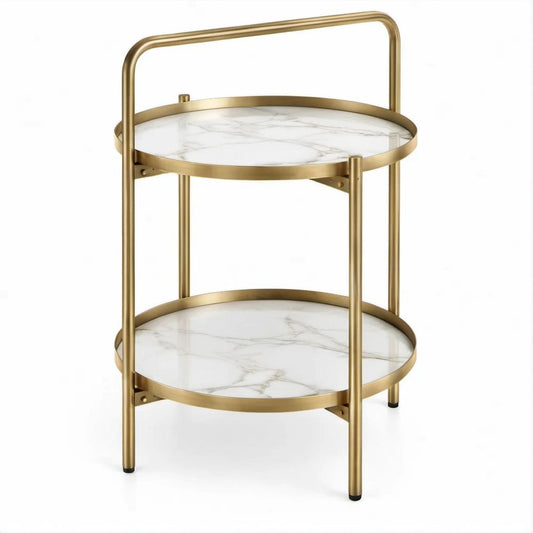 Mesa Auxiliar Redonda Dourada e Branca Marmoreada, 45 x 65 cm