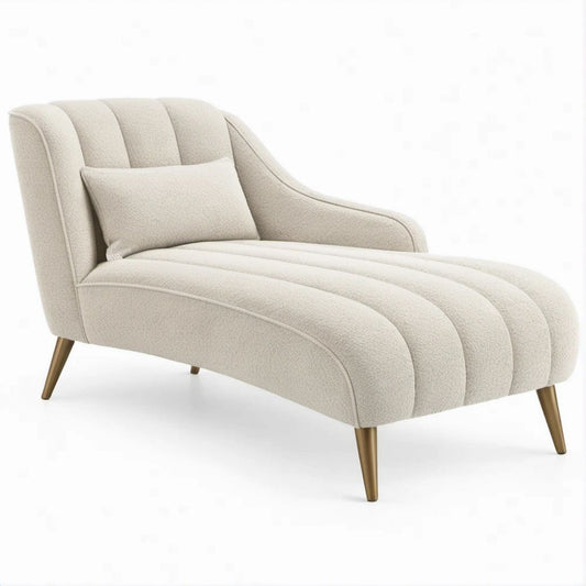 Chaise Longue Curva Estofada em Tecido Bouclé Bege com Pernas Douradas 160 x 75 x 85 cm