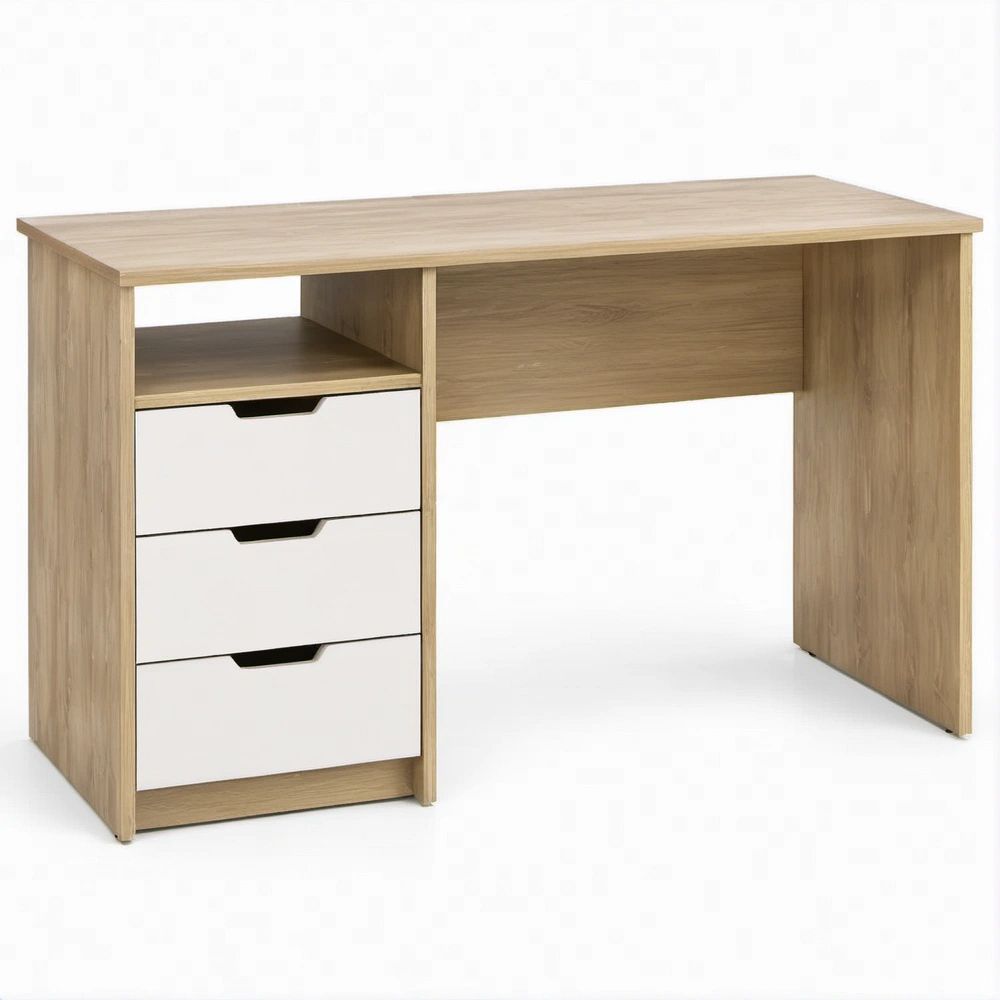 Secretária em Carvalho Claro e Branco 120 x 60 x 75 cm com 3 Gavetas
