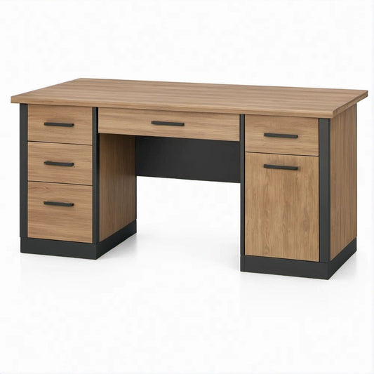 Secretária Retangular em Nogueira e Preto, 120 x 60 x 75 cm, com 5 Gavetas