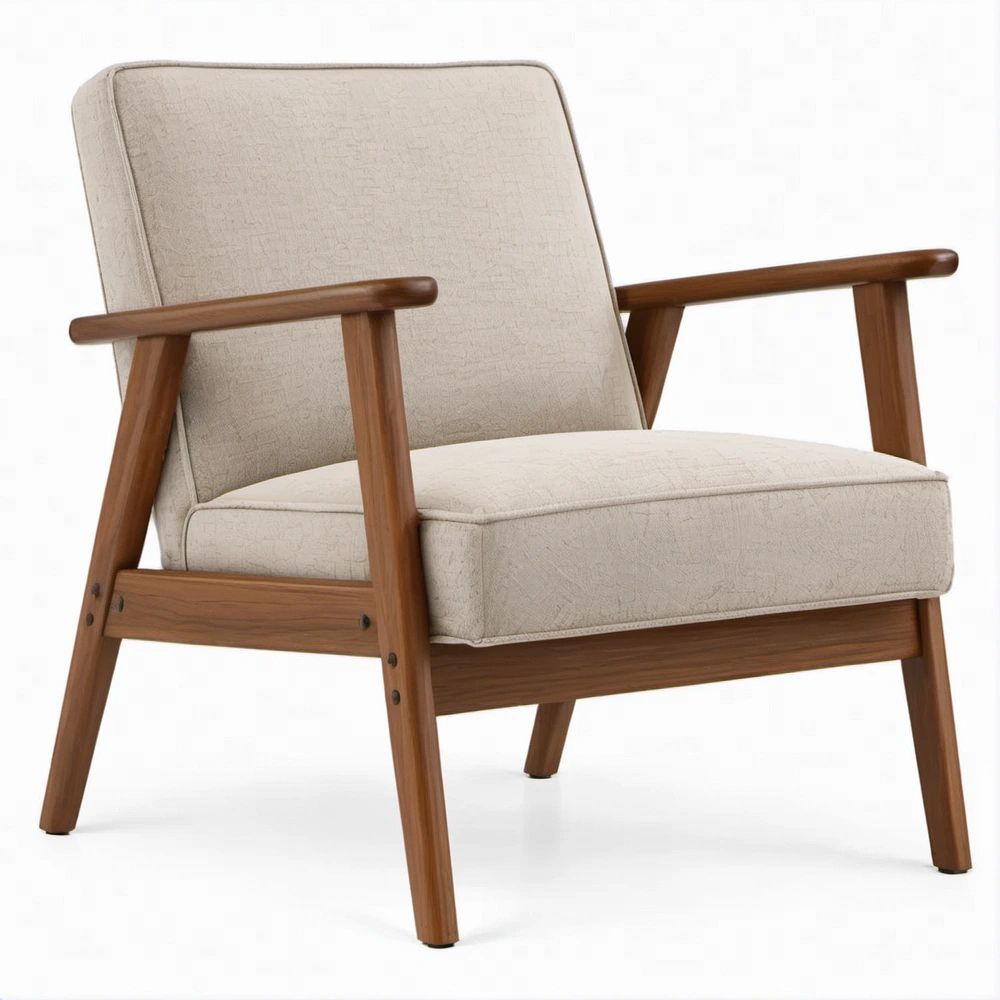Poltrona Lounge Bege e Castanha em Poliéster e Madeira Maciça, 65 x 75 x 85 cm