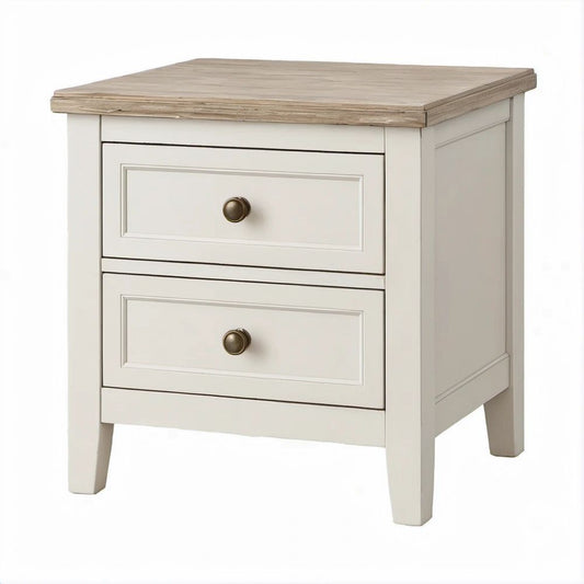 Mesa de Cabeceira em MDF Branca e Bege com 2 Gavetas, 50 x 40 x 60 cm