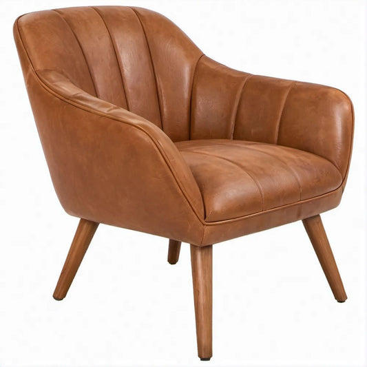 Poltrona Lounge Castanha em Couro Sintético PU com Pés de Madeira Maciça, 75 x 75 x 82 cm