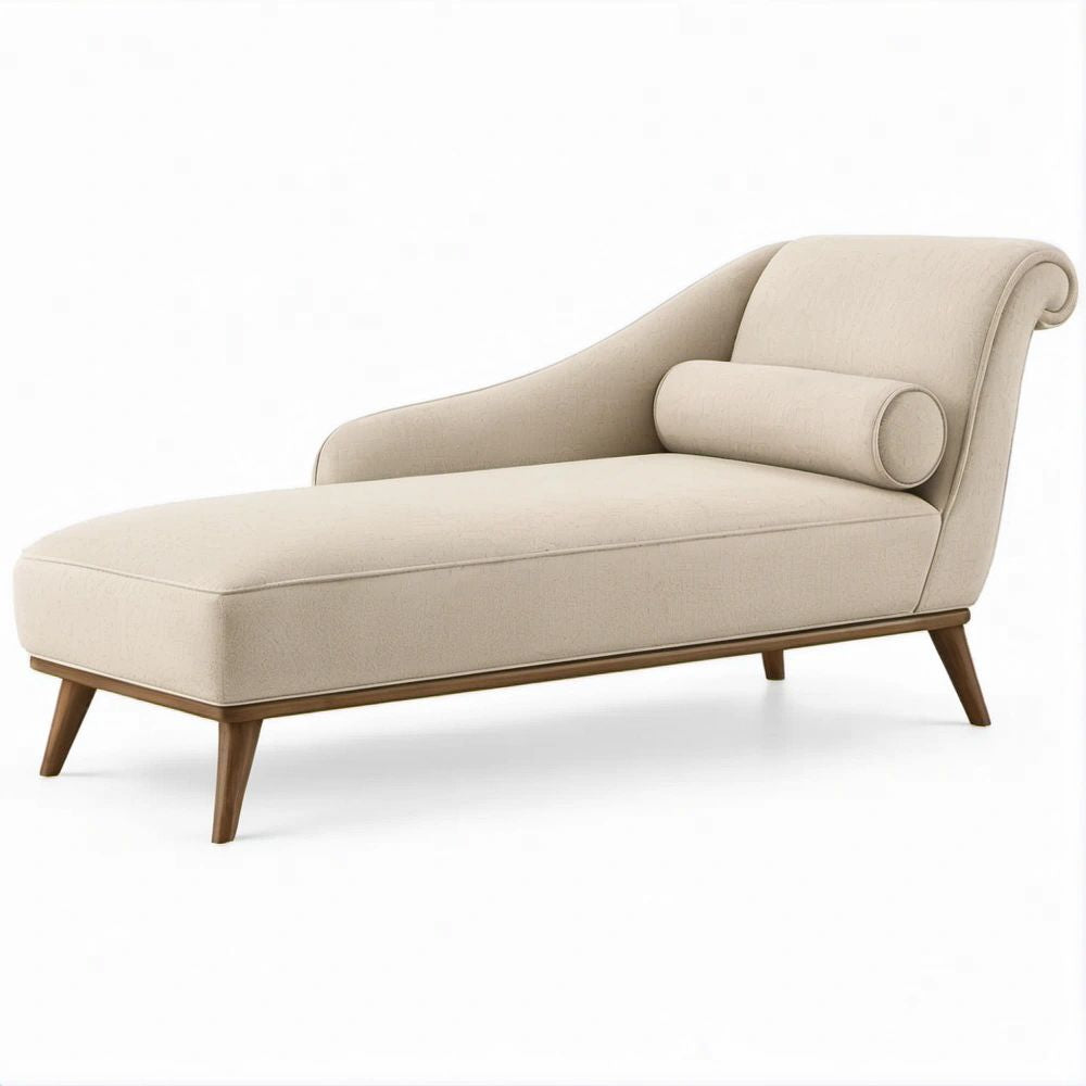 Chaise Longue Curva Estofada Bege com Pés em Madeira Maciça, 170 x 75 x 85 cm