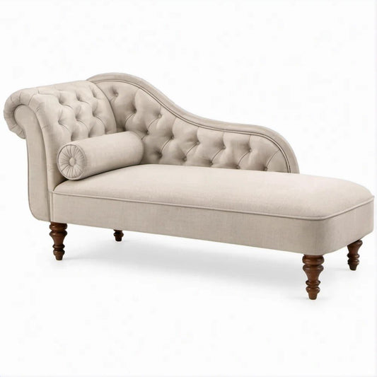 Chaise Longue com Braço Esquerdo Bege e Pés em Madeira Maciça Castanho-Escuro 170 x 65 x 83 cm