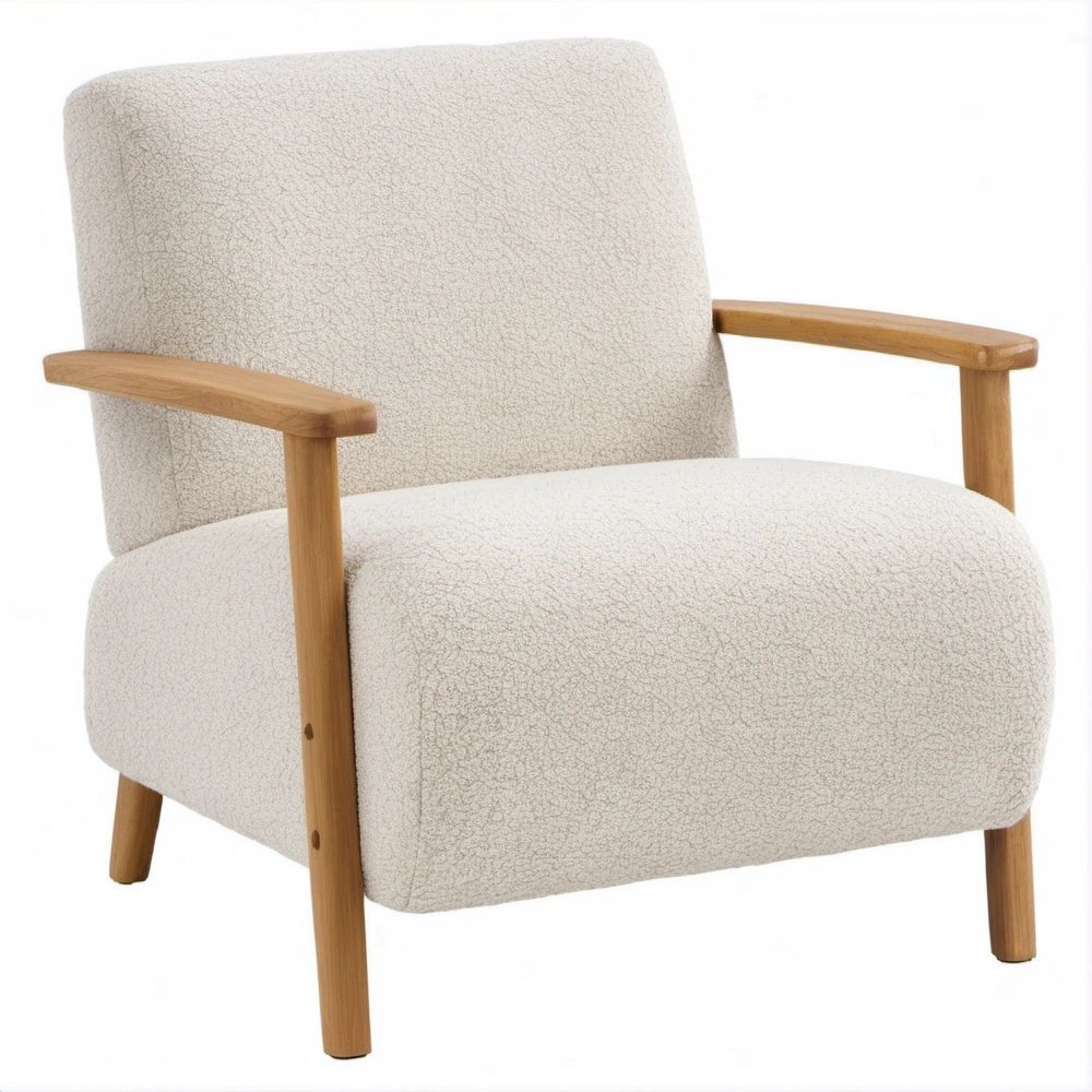 Poltrona de Estar em Bouclé Bege e Madeira Maciça, 70 x 76 x 82 cm