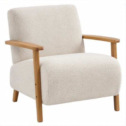 Poltrona de Estar em Bouclé Bege e Madeira Maciça, 70 x 76 x 82 cm