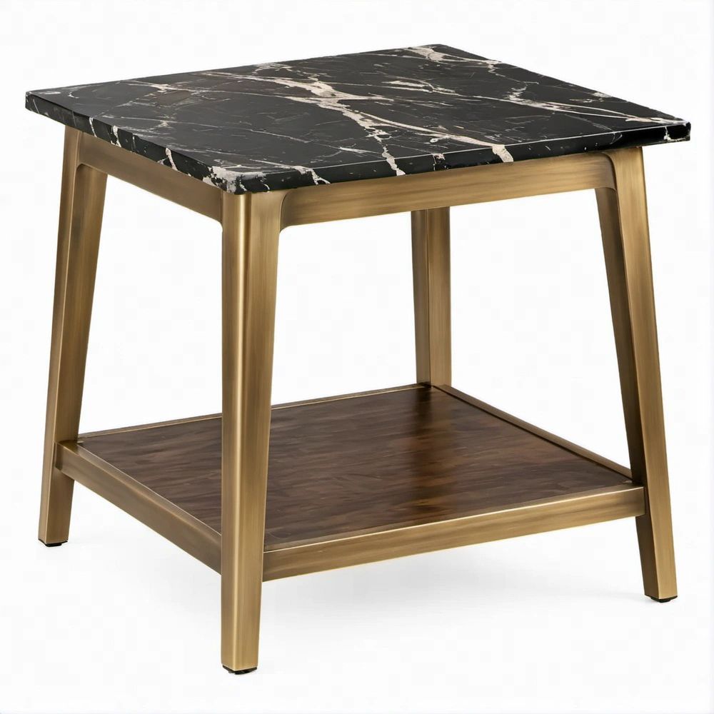 Mesa de Apoio Quadrada com Tampo Preto Efeito Mármore e Estrutura Dourada, 50 x 50 x 60 cm