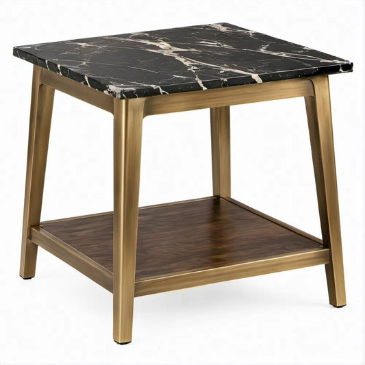 Mesa de Apoio Quadrada com Tampo Preto Efeito Mármore e Estrutura Dourada, 50 x 50 x 60 cm