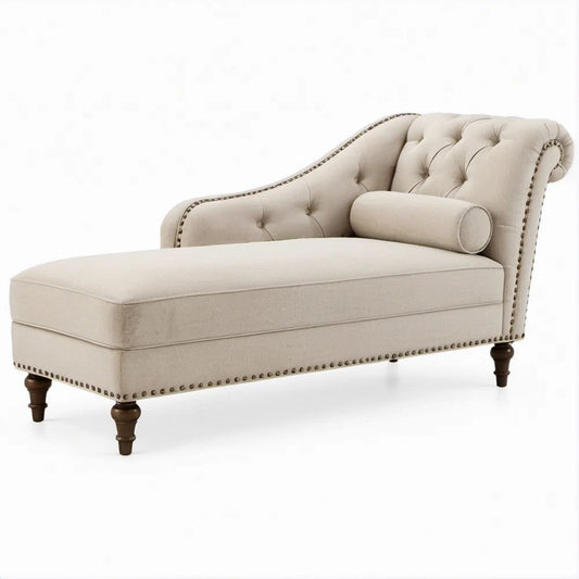 Chaise Longue Curva Estofada Bege com Pés Castanho-Escuro, 170 x 75 x 85 cm