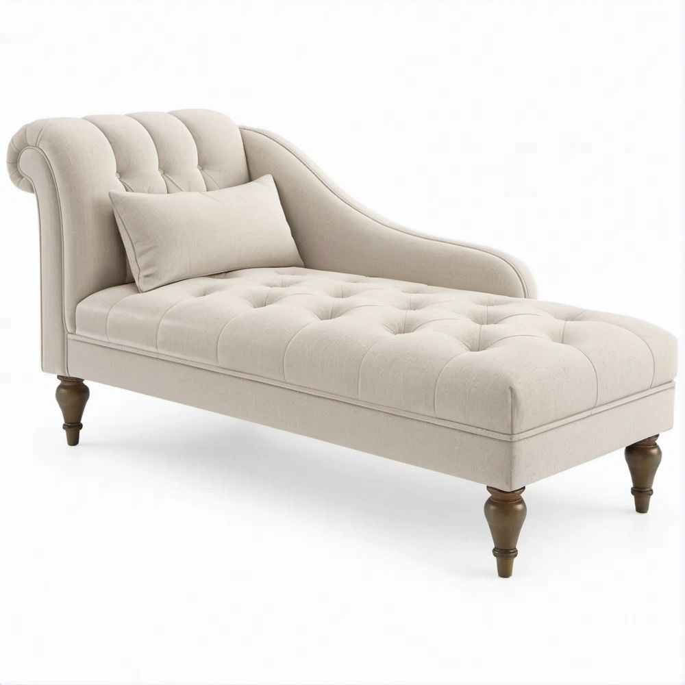Chaise longue estofada bege com capitonê, 170 x 75 x 85 cm