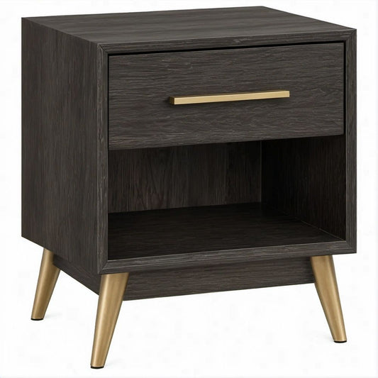Mesa de Cabeceira em MDF Preto com 1 Gaveta e Nicho, 45 x 40 x 60 cm