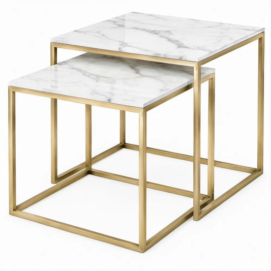Conjunto de 2 Mesas Encaixáveis Quadradas com Efeito Mármore Branco, Cinzento e Dourado – 50 x 50 x 50 cm e 40 x 40 x 45 cm