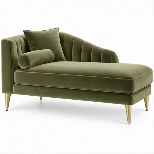 Chaise longue verde-oliva em veludo com pernas douradas 160 x 80 x 82 cm