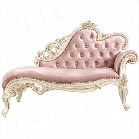 Chaise Longue Clássica Curvada Rosa e Marfim em Veludo, 180 x 70 x 105 cm