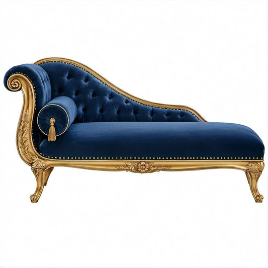 Chaise Longue Clássica em Veludo Azul-escuro e Madeira Dourada, 180 x 65 x 90 cm